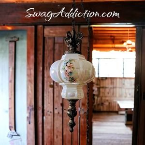 Hollywood Regency Opalescent White Carnival Glass Swag Lamp Hanging Pendant Lamp